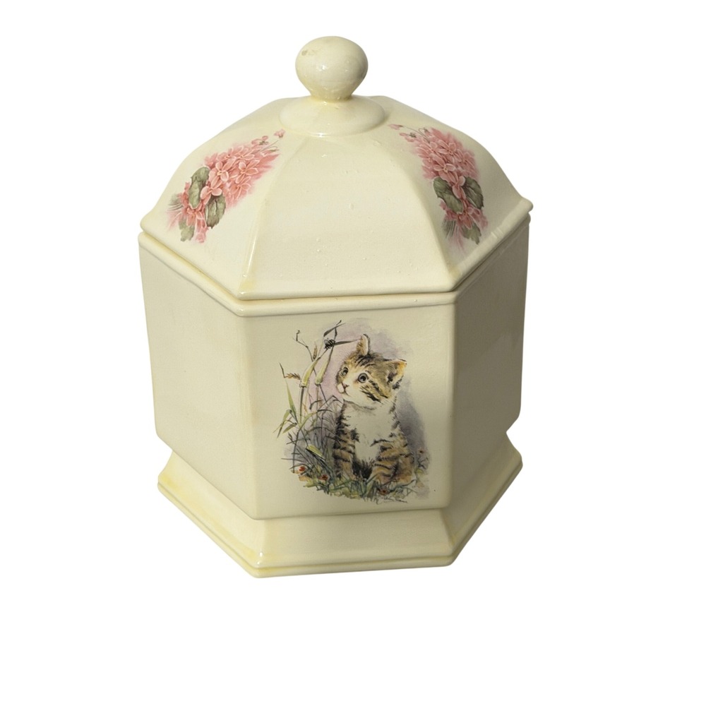John Evans Ceramic Kitten Canister Cream Floral Hexagon Cookie Jar VERY RARE
